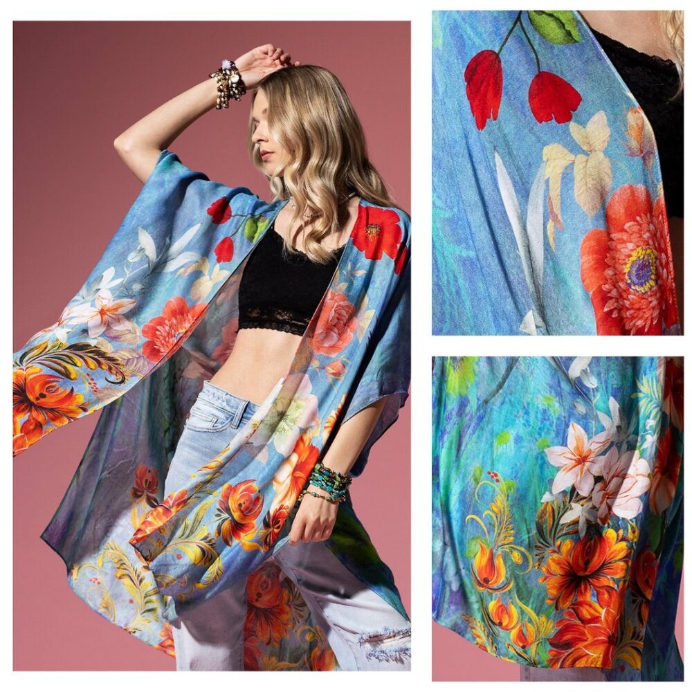 Dreamy Floral Print Kimono - Watercolor Effect Background - Soft Silky Material